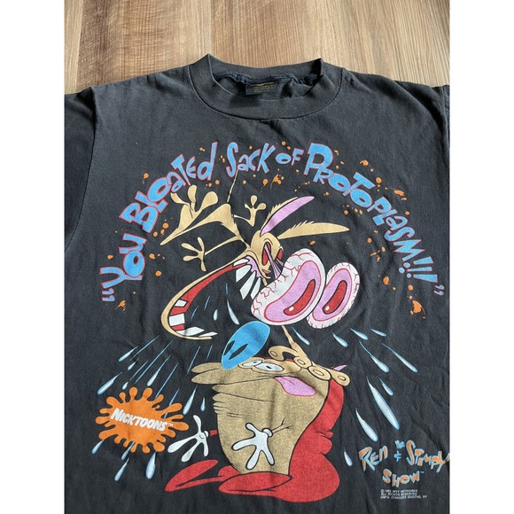 Vintage Ren & Stimpy Shirt Mens Large Black Nicktoons Cartoon Graphic 90s Tee